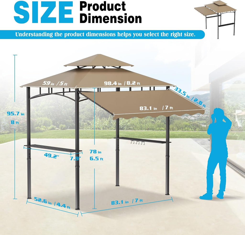 TITIMO 8'x 8' x 7.8' Double Tiered Grill Gazebo with Side Awning,Outdoor Patio BBQ Pergola, Heavy-Duty Metal Frame Canopy Tent with Side Shelves,Hooks,Bottle Opener for Lawn Deck and Garden (Khaki)
