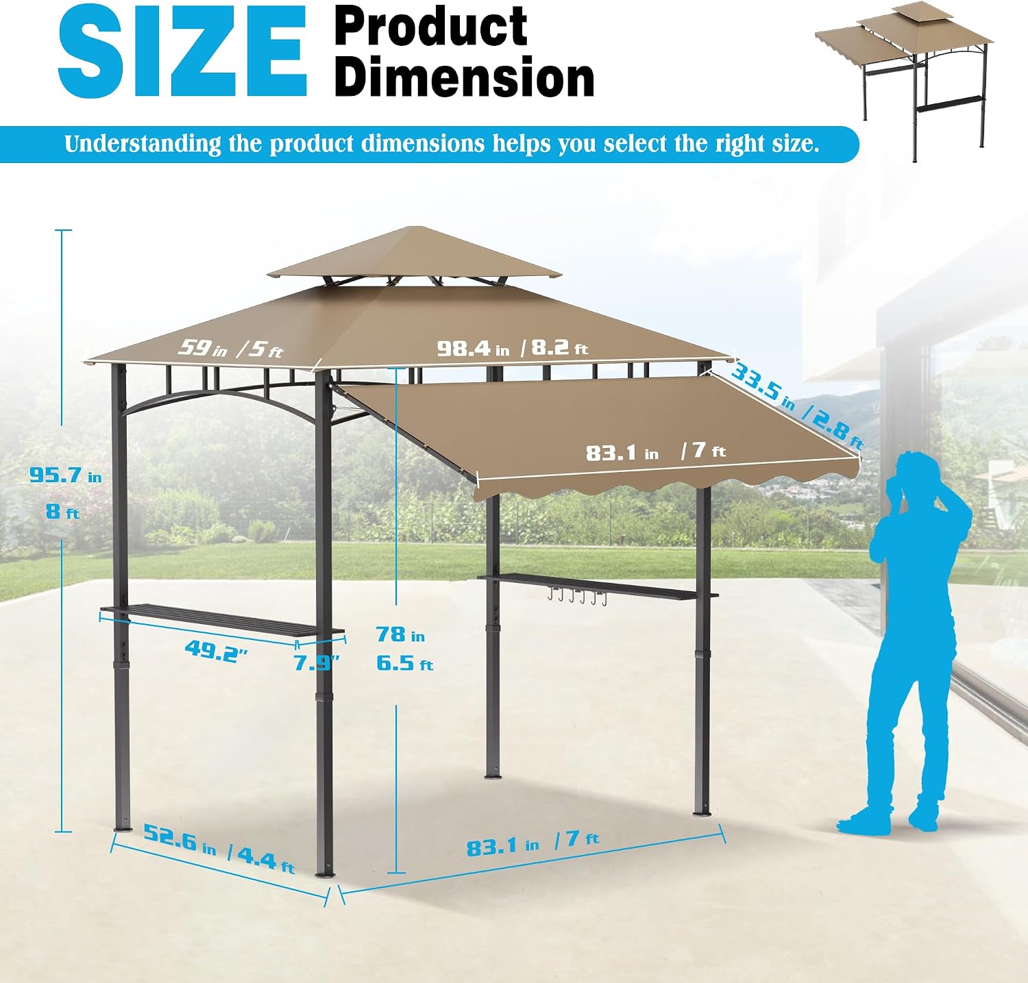 TITIMO 8'x 8' x 7.8' Double Tiered Grill Gazebo with Side Awning,Outdoor Patio BBQ Pergola, Heavy-Duty Metal Frame Canopy Tent with Side Shelves,Hooks,Bottle Opener for Lawn Deck and Garden (Khaki)