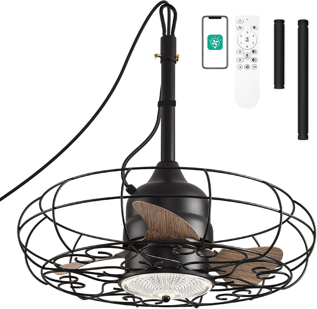 Orison Outdoor Ceiling Fans with Light, 24'' Wet Rated Outdoor Hanging Fan for Gazebo, Plug in Caged Lighting for Pergola Canopy, Hanging with Hook, 3 Color LED Light, Waterproof (24IN)
