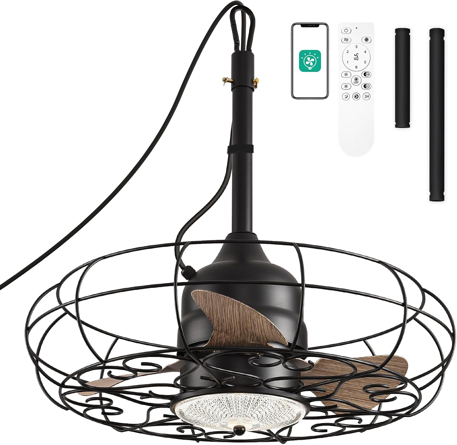 Orison Outdoor Ceiling Fans with Light, 24'' Wet Rated Outdoor Hanging Fan for Gazebo, Plug in Caged Lighting for Pergola Canopy, Hanging with Hook, 3 Color LED Light, Waterproof (24IN)