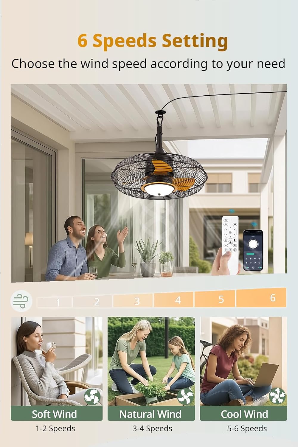 Orison 21'' Outdoor Ceiling Fans with Lights, Wet Rated Gazebo Fan with Remote, Plug in Hanging Fan for Patio Waterproof, App Controll