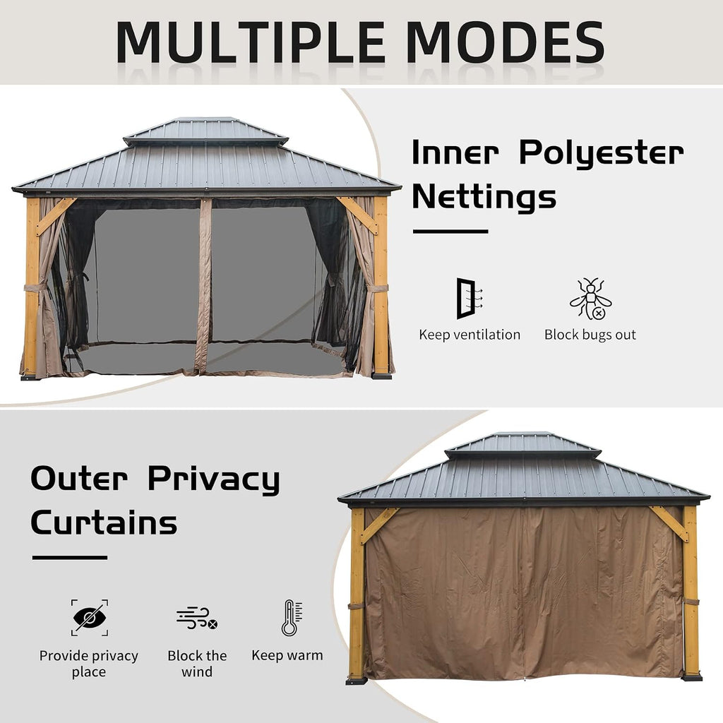 Domi Hardtop Gazebo 12'x14' Cedar Frame Wood Gazebo with Galvanized Steel Double Roof, Outdoor Permanent Metal Gazebo with Curtains and Netting for Patio,Deck,Backyard