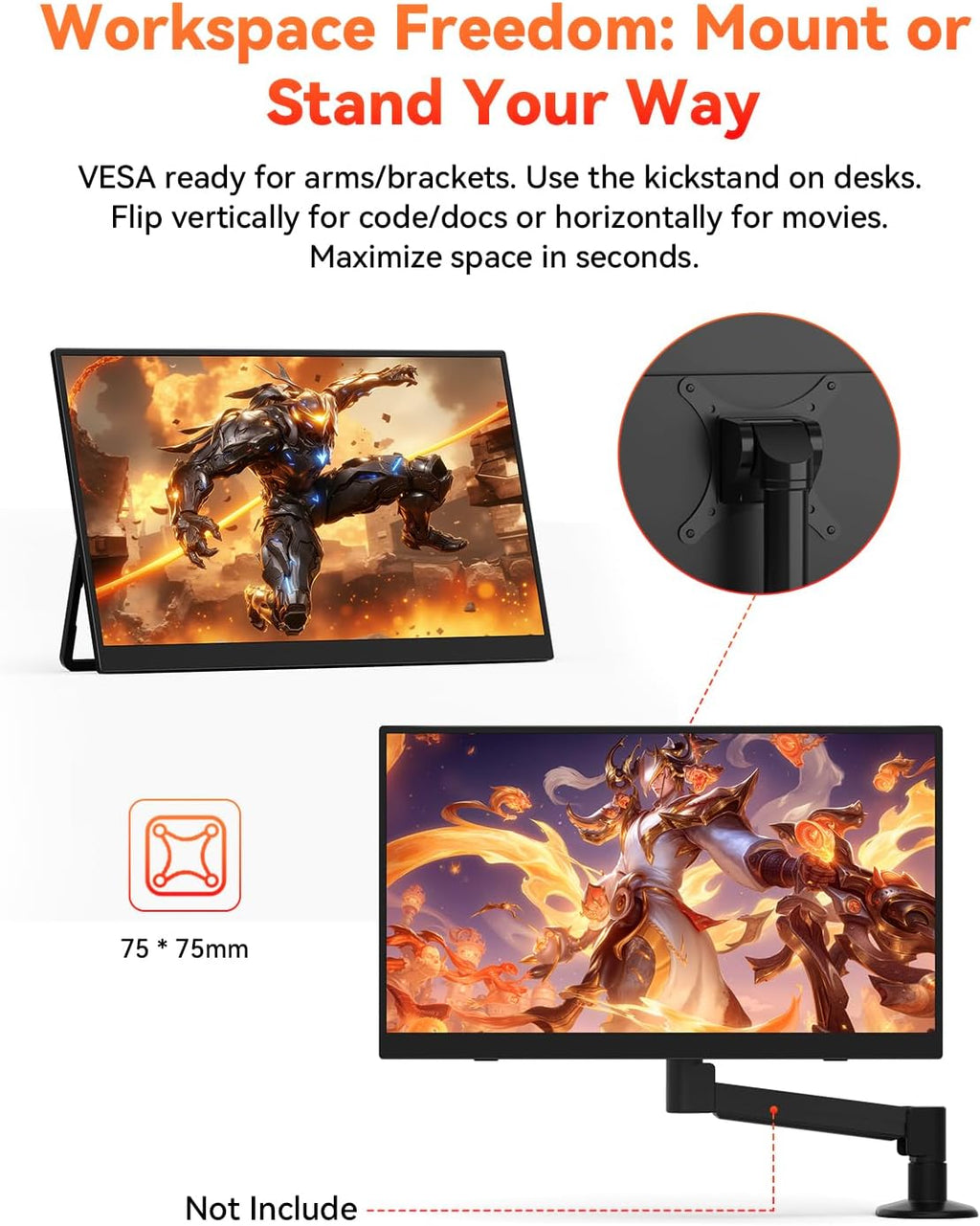 HotYeah 16' 2.5K 144Hz Portable Gaming Monitor, 2560x1600 QHD 125% sRGB USB-C HDMI Monitor for Laptop, External Monitor w/180° Adjustable Kickstand for MacBook, Laptop, PC, Phone, Tablet, Switch, PS5
