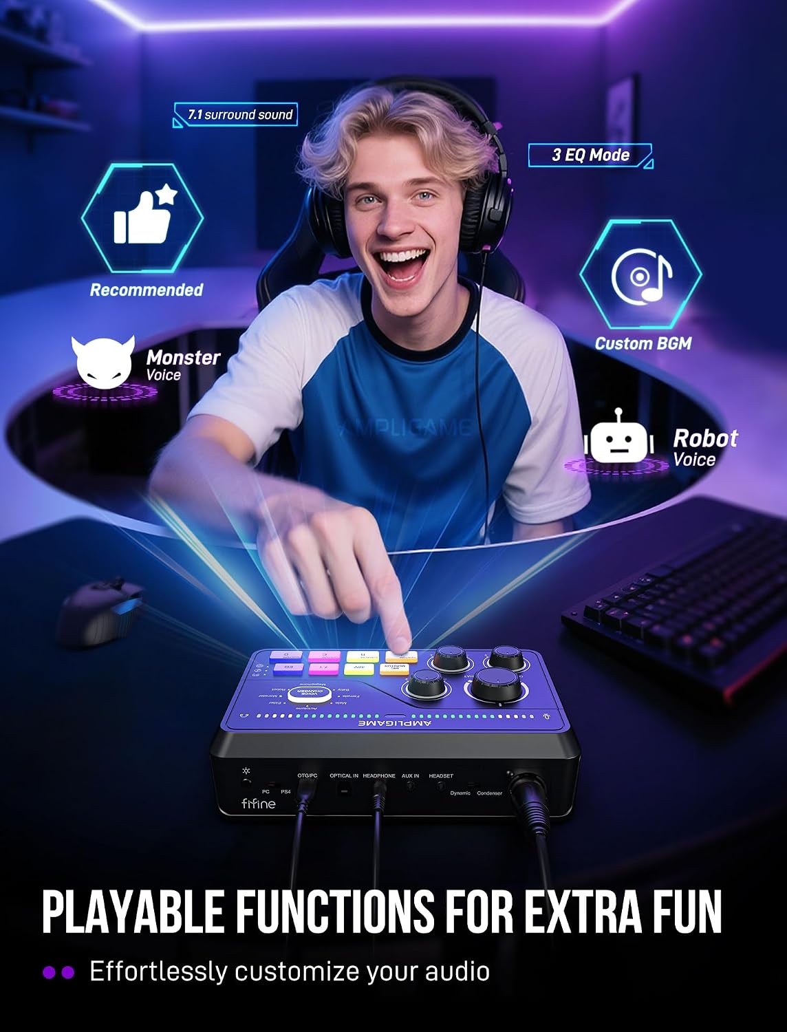 FIFINE Dynamic Gaming Equipment Set with Microphone and Audio Mixer, Streaming Mic and RGB Mixer Bundle with Button Controls, Voice Changer, XLR Cable for YouTube Video Recording (AM8T+SC8+L9)
