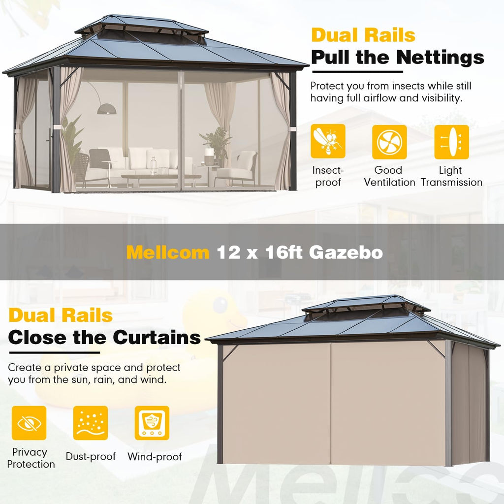 MELLCOM 12x16ft Outdoor Polycarbonate Double Hardtop Roof Gazebo, Aluminum Furniture Gazebo Canopy with Netting and Curtains for Garden, Patio, Lawns, Party and Deck