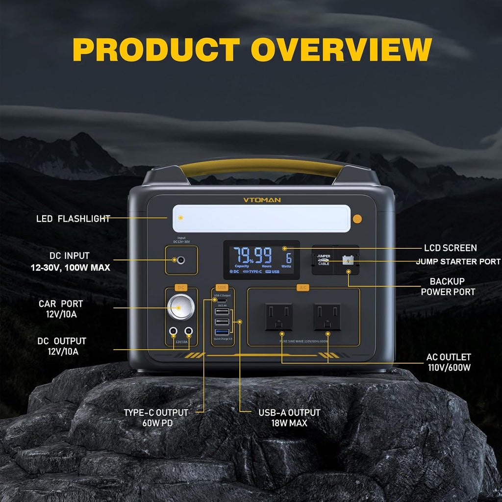 VTOMAN Jump600X 600W Portable Power Station with 640Wh Extra Battery, 939Wh Solar Generator LiFePO4 Battery, Peak 1200W AC Outlet, PD 60W USB-C, 3x12V/10A DC for Outdoor Camping, Off-grid, Home Backup