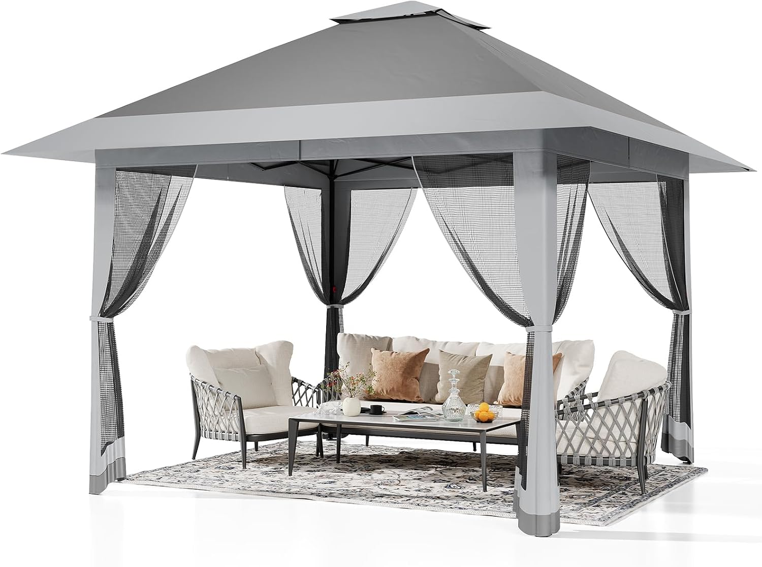 13x13ft Popup Hexagonal Gazebo with Mosquito Net, Adjustable Outdoor Hexagonal Canopy with Portable Handbag for Garden/Backyard/Patio - Gray (Gray)