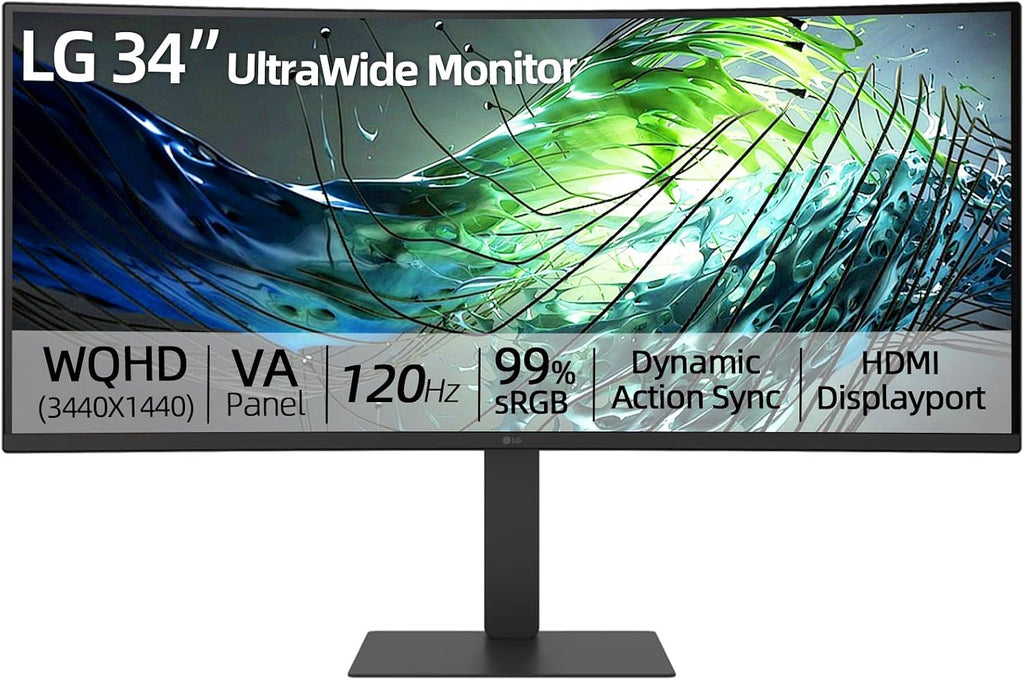 LG 34' Ultrawide Curved Monitor, WQHD(3440 x 1440) VA Panel, 120Hz, HDR10, sRGB 99%, Multi-Tasking Screen, HDMI, DisplayPort, Ergonomic Height/Swivel/Tilt Adjustable Stand