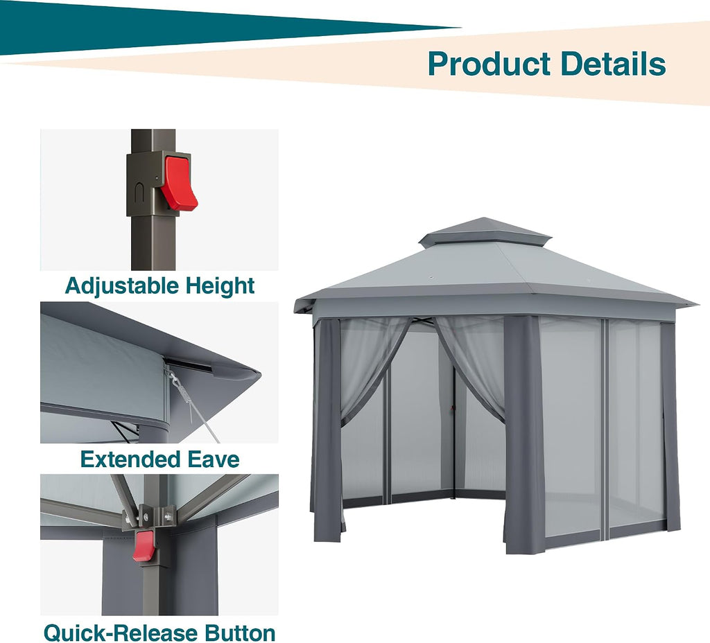 13x13ft Canopy Tent Instant Hexagonal One Push Setup Tent Outdoor Gazebo with Mosquito Netting, Strong Steel Frame for Patio, Backyard, Garden, Parties, Pool-Gray