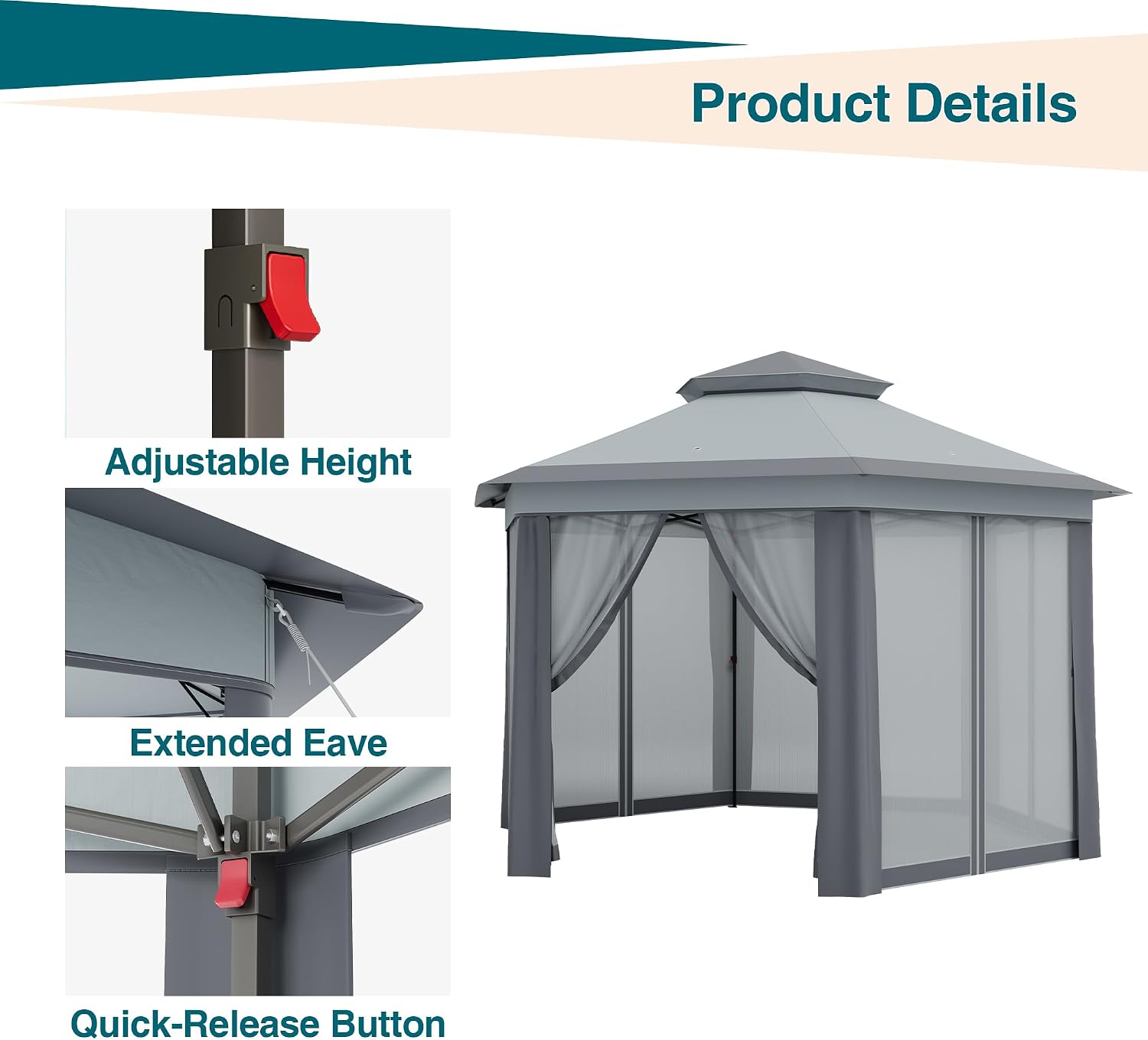 13x13ft Canopy Tent Instant Hexagonal One Push Setup Tent Outdoor Gazebo with Mosquito Netting, Strong Steel Frame for Patio, Backyard, Garden, Parties, Pool-Gray