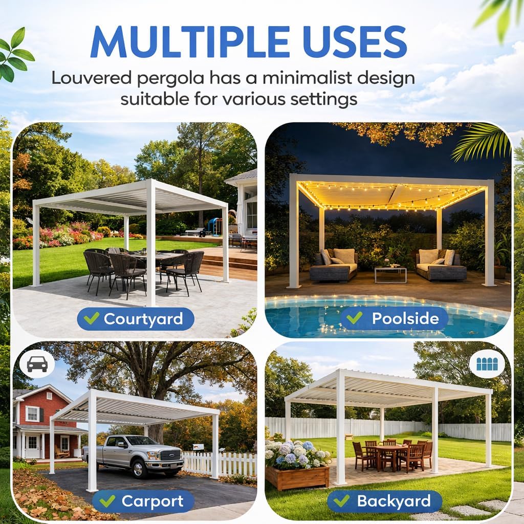 Kozyard Outdoor Louvered Pergola 12' x 12' Pergola Sun Shade All-Weather Aluminum Packing Shelter with Drainage System Adjustable Roof Waterproof for Poolside Balcony Patio Garden Yard White
