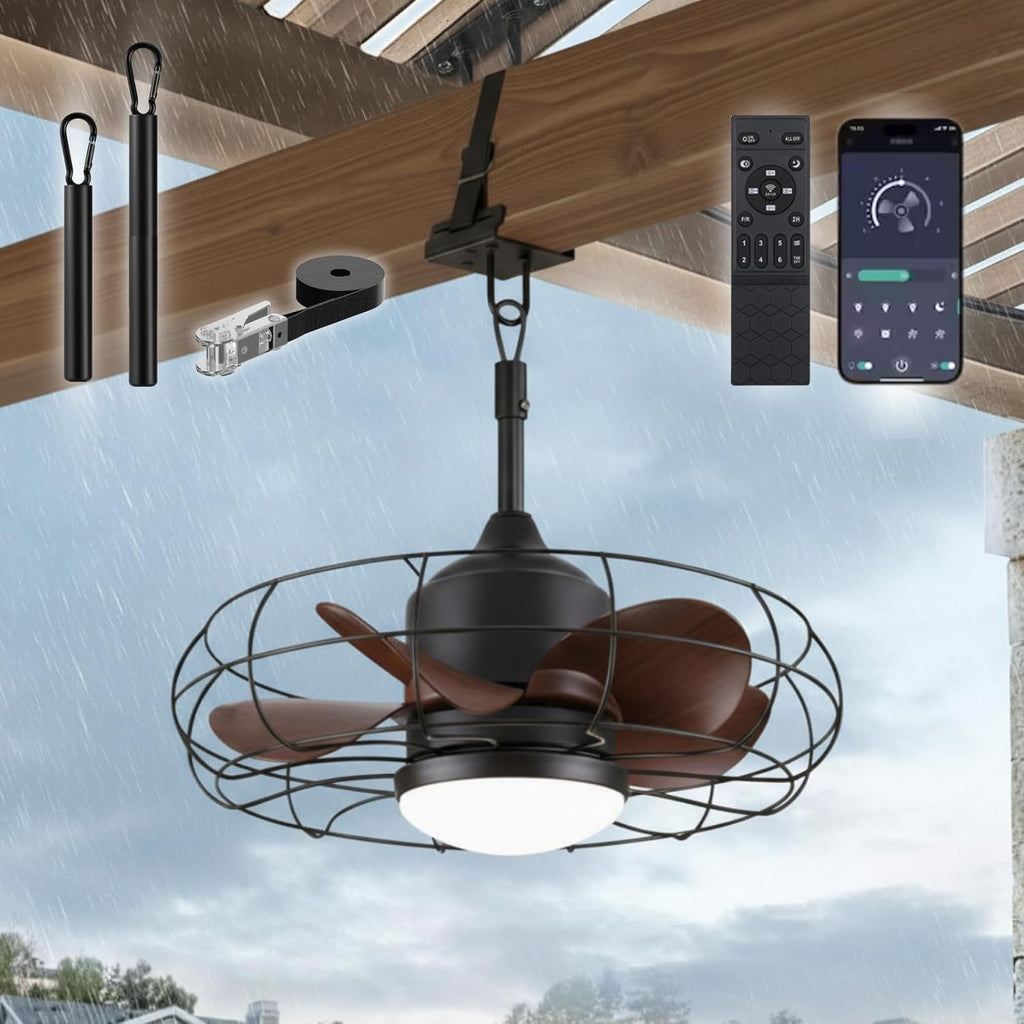 CondoMounts ZeboZap ZZFANC201B 20' Outdoor Ceiling Fan with Lights for Patios, Gazebo and Pergola. Plug in Gazebo Ceiling Fan with Remote Control, Waterproof Caged Hanging Fans with Hook and strap