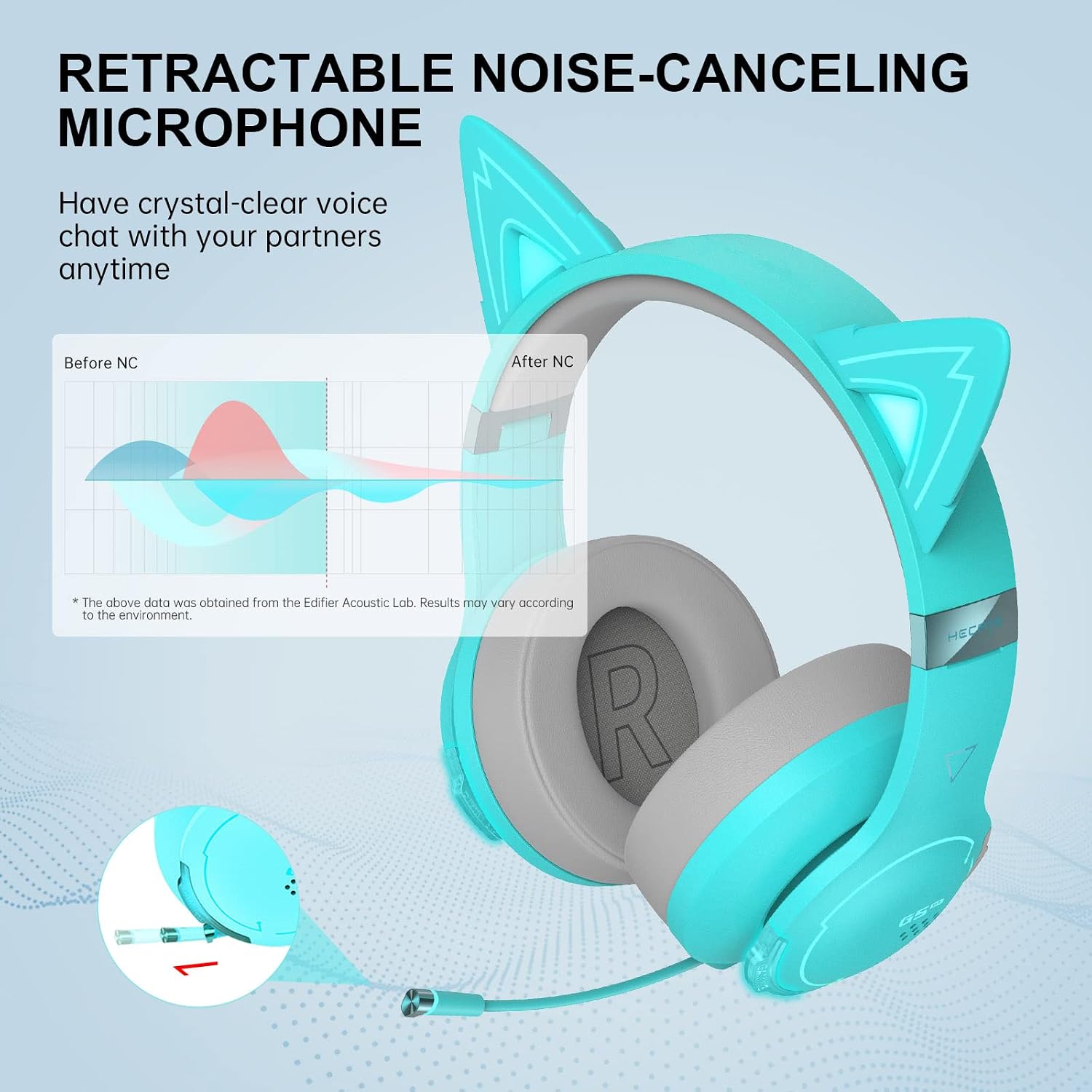 Edifier G5BT CAT Wireless Bluetooth Gaming Headset with Mic, Wired Cat Ear Headphones, Over Ear Headphones with Detachable Cat Ear, RGB Light, for PC, PS5, PS4, Nintendo Switch (Turquoise)