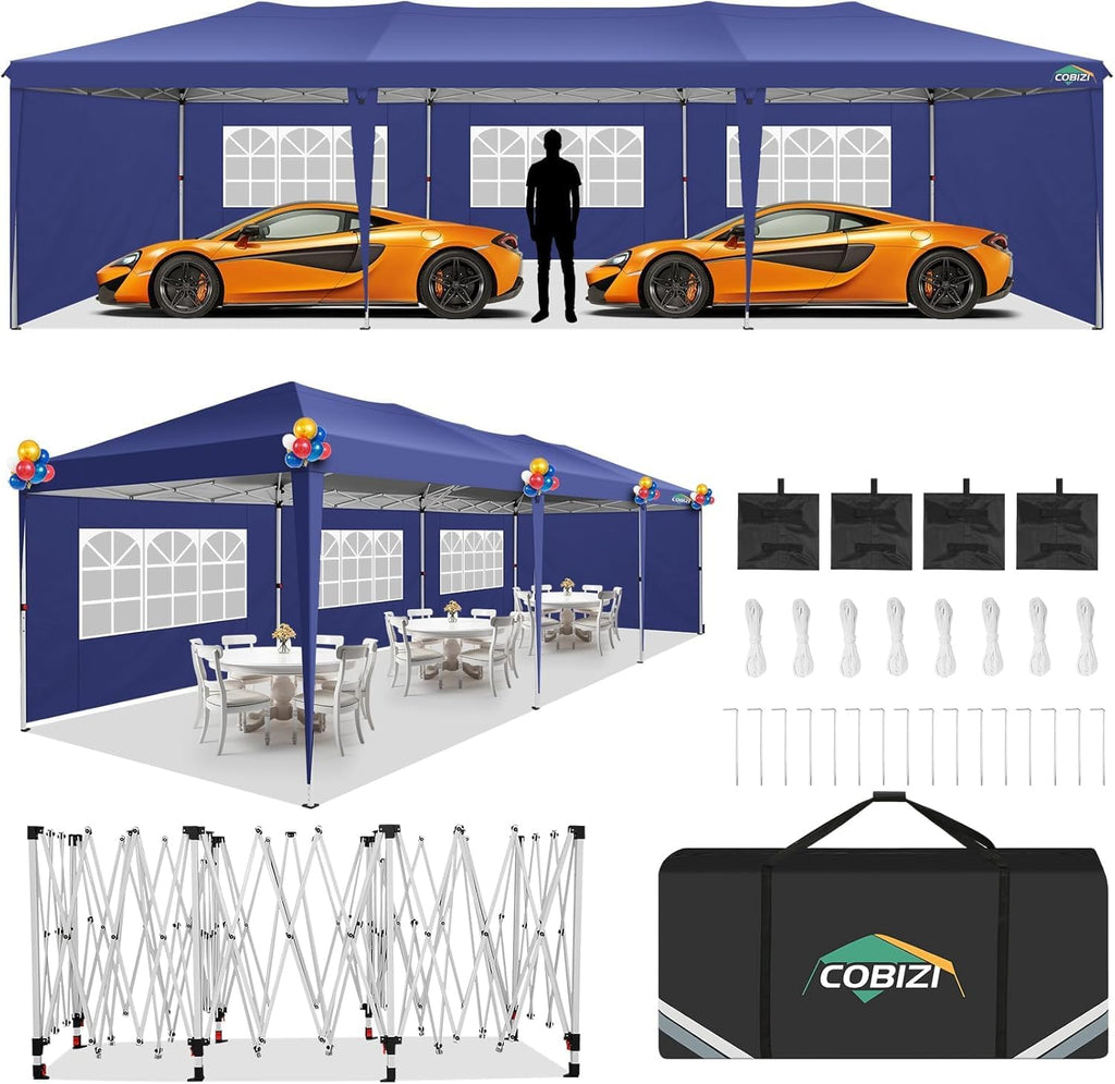 COBIZI 10x30 Pop Up Canopy Tent with 5 Sidewalls Party Tents for Parties Weddings Backyard Waterproof Commercial Instant Outdoor Events Tent with Stakes, Ropes,Sandbags（10 x 30 ft Navy Blue