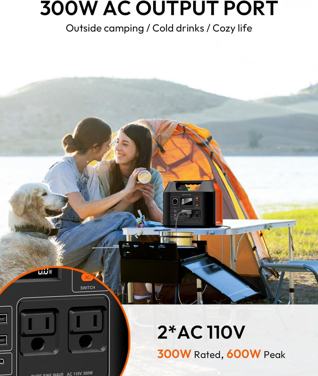 Solar Powered Generator, 300W Portable Power Station with Solar Panel 40W Included, 110V Pure Sine Wave 256Wh LiFePO4 Battery Pack with AC Outlet for Camping, Home Emergency, Traveling, RV Trip
