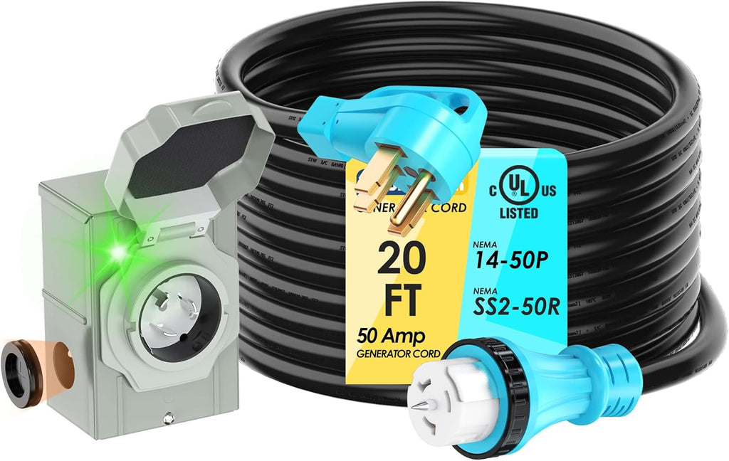 50 Amp 20 Feet Generator Cord and Power Inlet Box Combo Kit NEMA 14-50P Male to SS2-50R STW 6/3+8/1 AWG 125/250V Twist Locking with Inlet Box for Generator to House, UL Listed