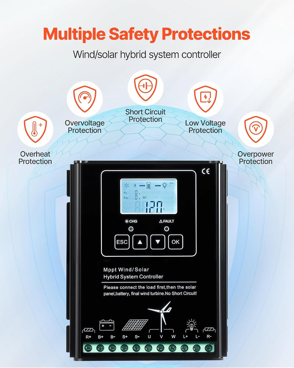 VEVOR 24V 1000W Solar Wind Power Kit, 6*100W Solar Panel + 400W Wind Turbine + 25.6V 100Ah LiFePO4 Battery + 3000W Power Inverter + MPPT Wind/Solar Hybrid Controller for Home Boat Cabin Farm Off-Grid