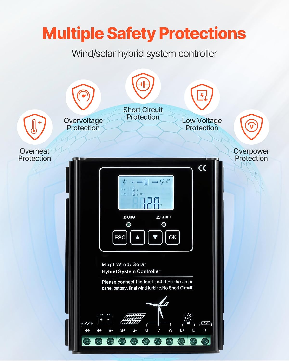 VEVOR 24V 1000W Solar Wind Power Kit, 6*100W Solar Panel + 400W Wind Turbine + 25.6V 100Ah LiFePO4 Battery + 3000W Power Inverter + MPPT Wind/Solar Hybrid Controller for Home Boat Cabin Farm Off-Grid