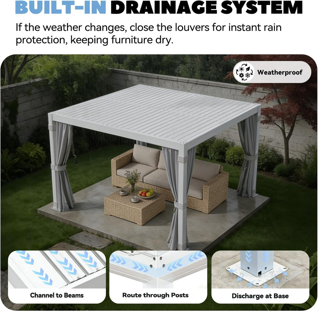 MELLCOM Louvered Pergola 10x10, Steel Aluminum Pergola with Adjustable Louvered Roofs, Outdoor Gazebo with Waterproof Curtains and Nets, White