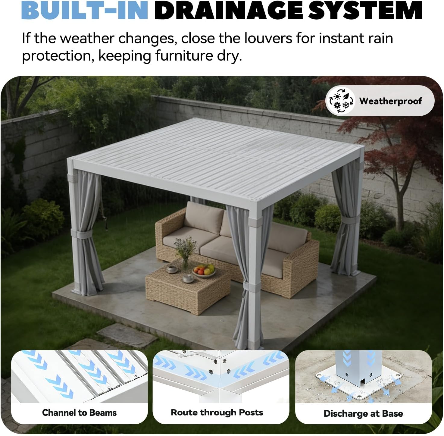 MELLCOM Louvered Pergola 10x10, Steel Aluminum Pergola with Adjustable Louvered Roofs, Outdoor Gazebo with Waterproof Curtains and Nets, White
