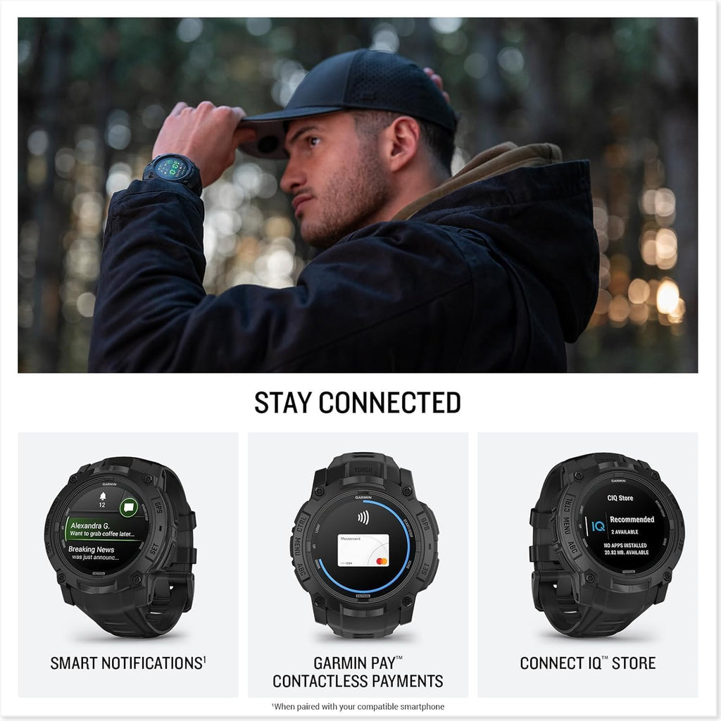 PlayBetter Garmin Instinct 3 AMOLED Tactical 50mm (Black) Rugged Outdoor GPS Smartwatch Gift Box Bundle - Built-in Flashlight HD Screen Protectors, Wall Adapter & Case
