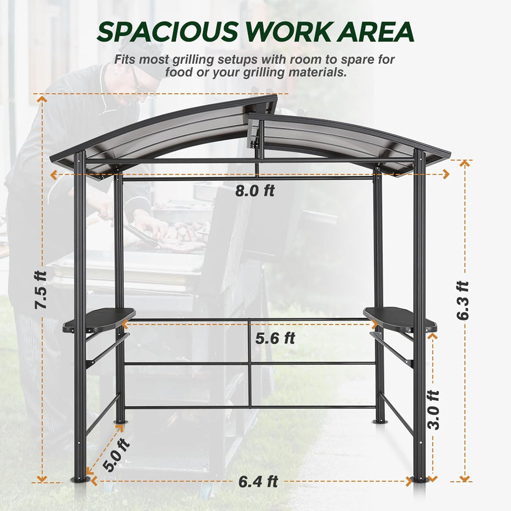 COOS BAY 8x5 Hardtop Grill Gazebo, Outdoor BBQ Canopy, Steel Frame Double-Tier Polycarbonate Roof with Side Shelves, Weather Resistant