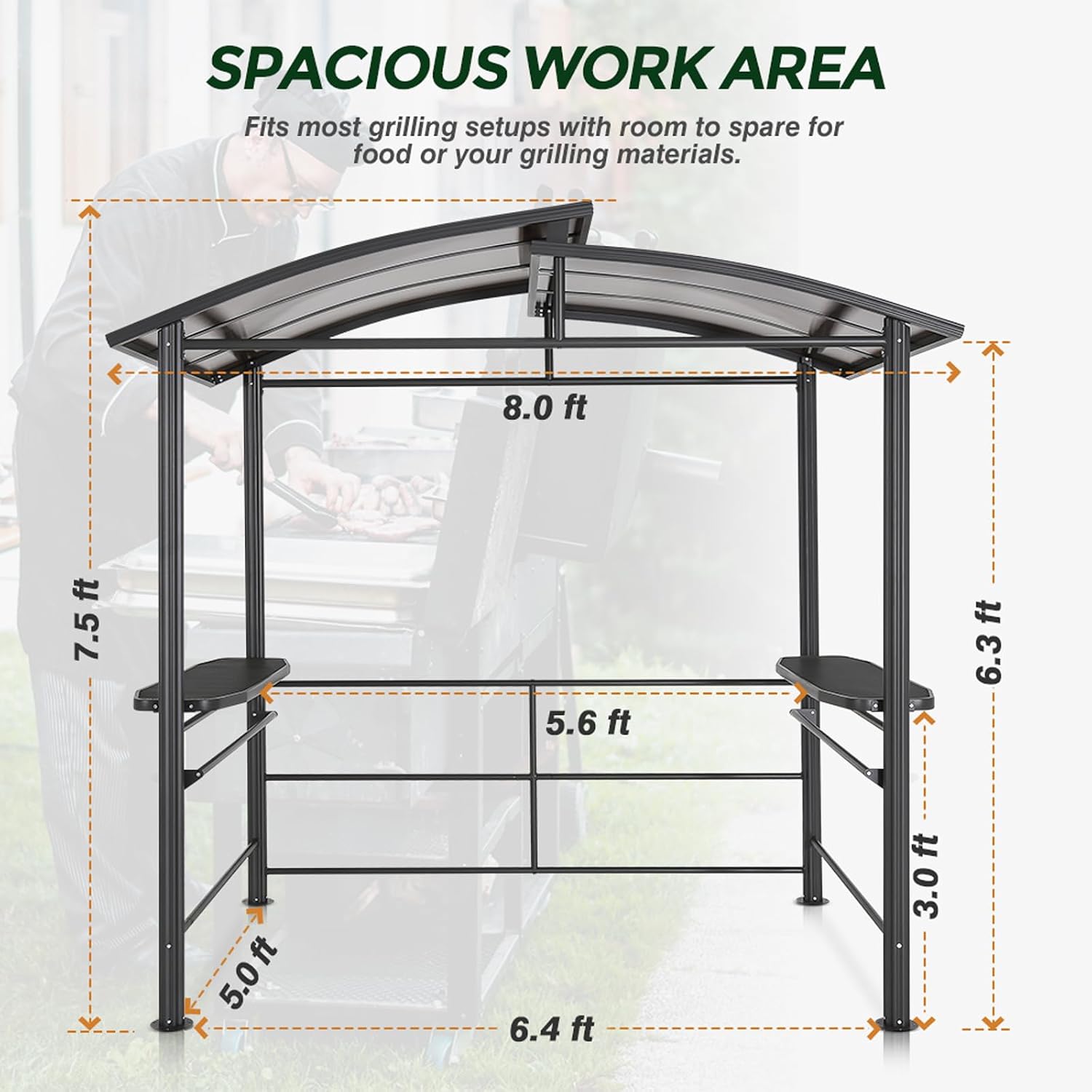 COOS BAY 8x5 Hardtop Grill Gazebo, Outdoor BBQ Canopy, Steel Frame Double-Tier Polycarbonate Roof with Side Shelves, Weather Resistant