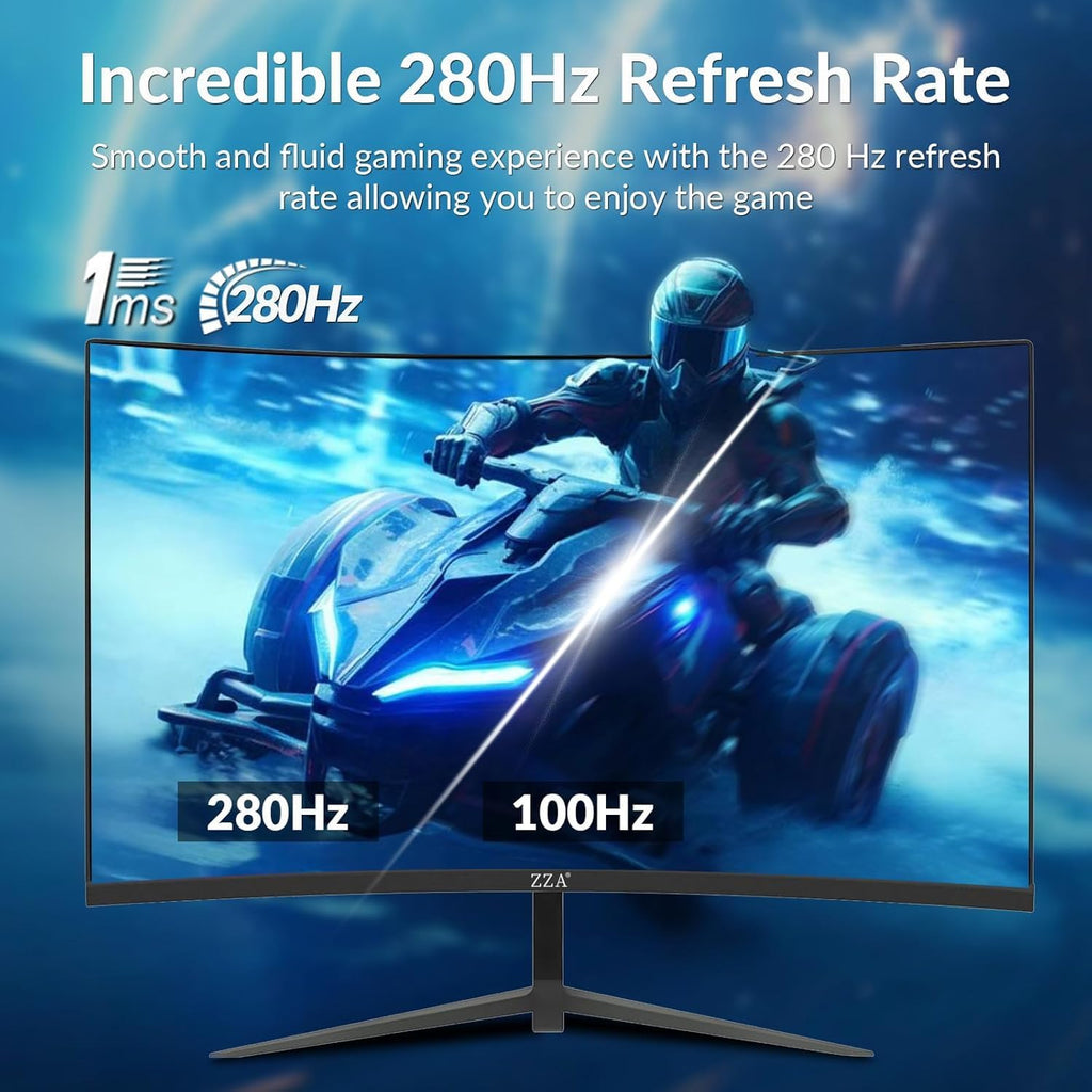 ZZA 27'' 280Hz 240Hz Gaming Monitor, Curved Monitor 1800R VA FHD 1080P 1ms, AMD FreeSync Premium, HDR Ready,120% sRGB, HDMI DP, VESA Mountable, Low Motion Blur, Flicker-Free & Low Blue Light