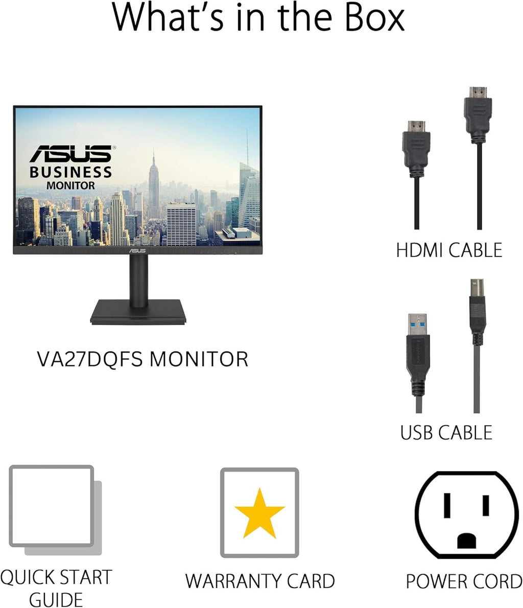 ASUS 27' 1080P Business Monitor (VA27DQFS) - IPS, 100Hz, 1ms, Adaptive-Sync, HDMI, DisplayPort, VGA, for Working and Gaming, Ergo Design, Blue Light Filter, Flicker Free, 3 yr Warranty TAA Compliant
