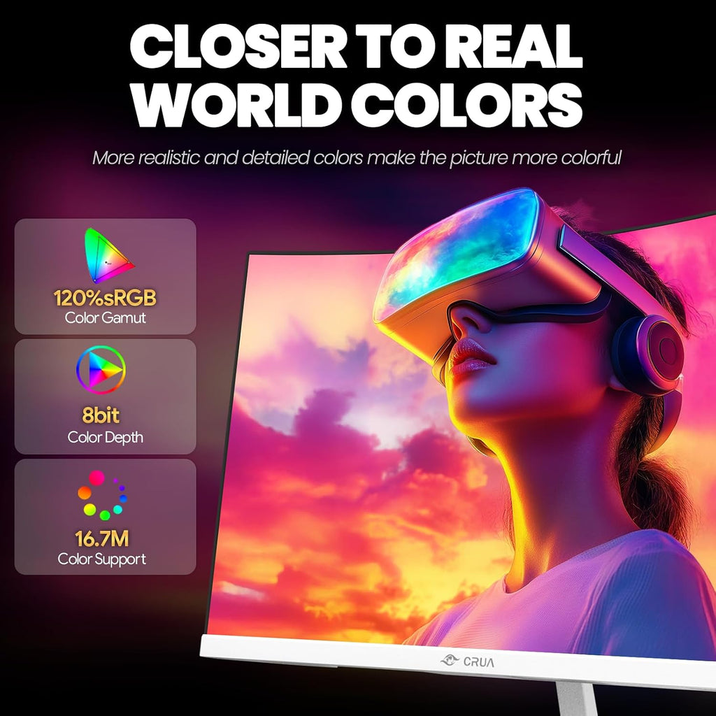 CRUA 24' Curved Gaming Monitor, 165Hz/200Hz Computer Monitor, FHD 1920x1080, 120% sRGB, AMD FreeSync, Blue Light Filter, for Gaming & Office, Wall Mountable- White