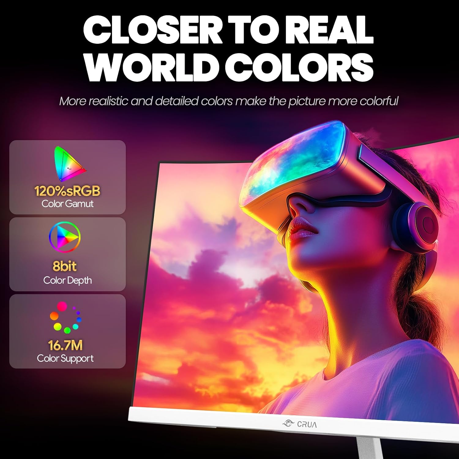 CRUA 24' Curved Gaming Monitor, 165Hz/200Hz Computer Monitor, FHD 1920x1080, 120% sRGB, AMD FreeSync, Blue Light Filter, for Gaming & Office, Wall Mountable- White