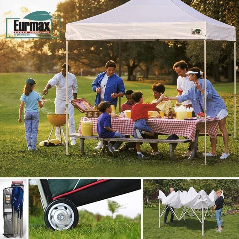 Eurmax USA 8x8ft Pop Up Canopy, Commercial Instant Tent for Outdoor Events, Patented No-Tip Rolling Storage Bag with 4 Sandbags, UV & Water Resistant, Heavy Duty Portable Shelter Gazebo,Forest Green