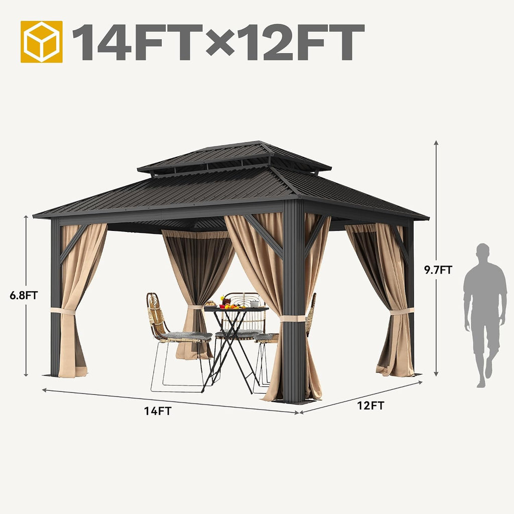DWVO 12x14ft Hardtop Gazebo Double Roof with Nettings and Curtains, Heavy Duty Galvanized Steel Outdoor Vertical Stripes Roof for Patio, Backyard, Deck, Lawns, Brown