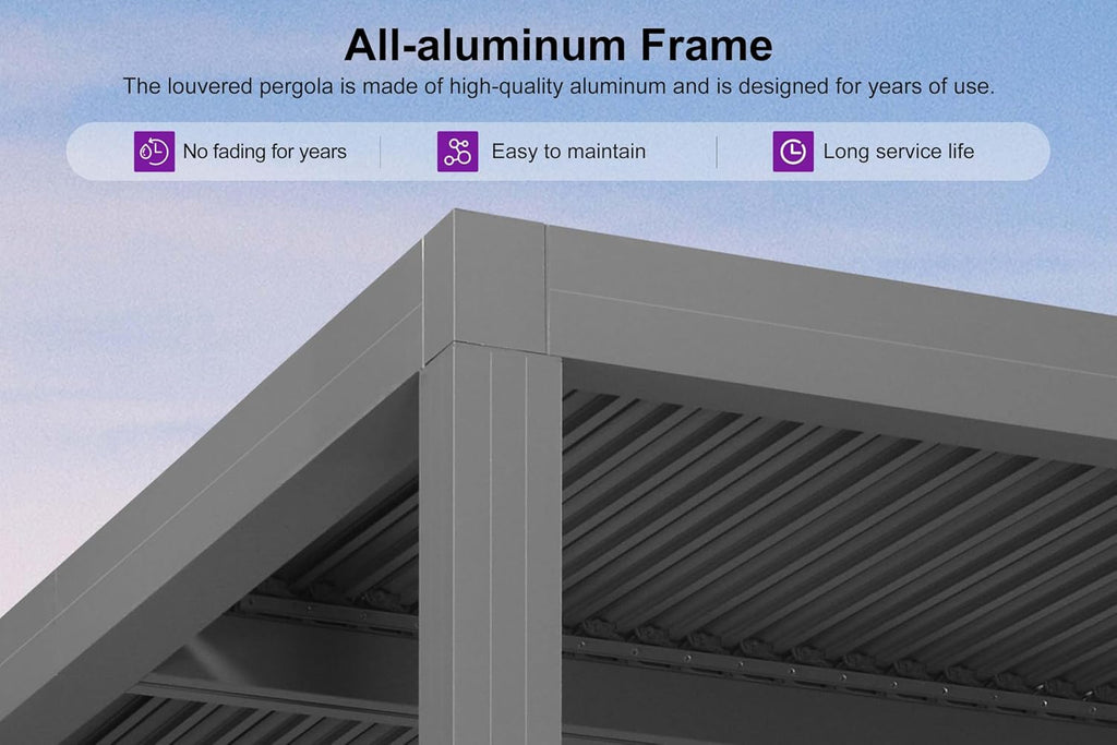PURPLE LEAF Louvered Pergola 10' x 15' Outdoor Full Aluminum Pergola with Adjustable Rainproof Roof Modern Retractable Patio Hardtop Gazebo for Deck Backyard Garden Slate Grey