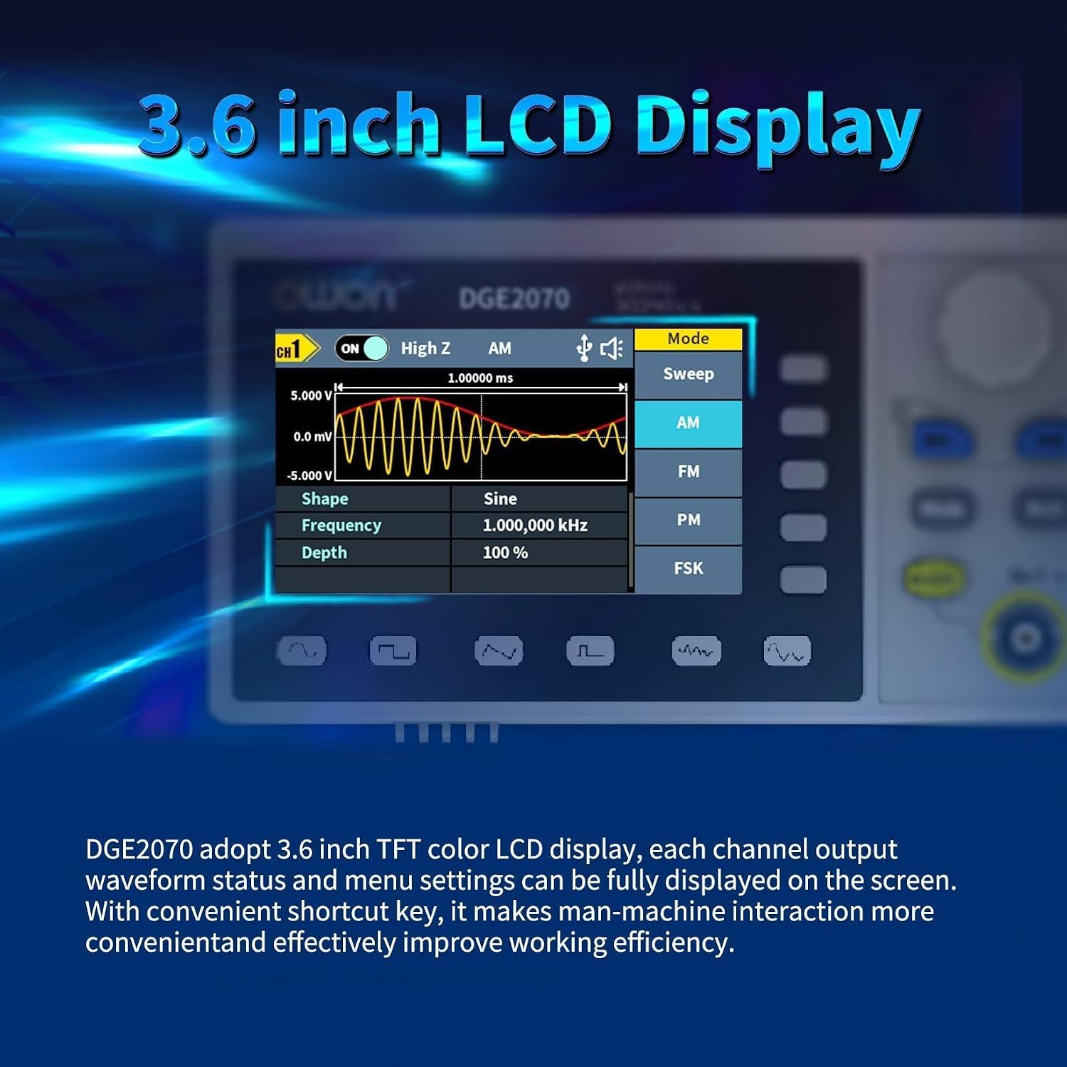 OWON DGE2070 70MHz Dual Channel Arbitrary Waveform Generator, 300MSa/s Sampling Rate, 14-Bit Resolution, 150 Built-in Waveforms, 3.6' LCD, Portable Signal Generator for Lab & Electronics Testing