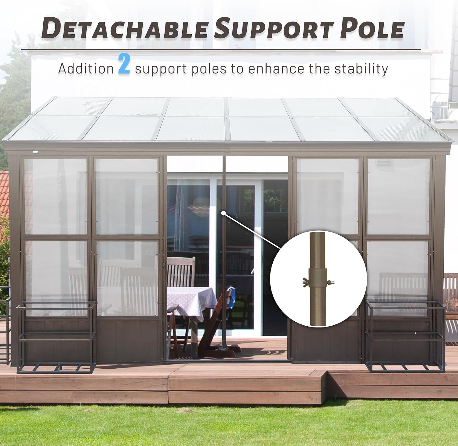 Domi 10x12FT All Season Sunroom, Outdoor Permanent Wall Mounted Solarium with Detachable Polycarbonate Windows, Aluminum Lean to Gazebo Sun Room with 2 Lockable Sliding Doors for Garden Patio Deck