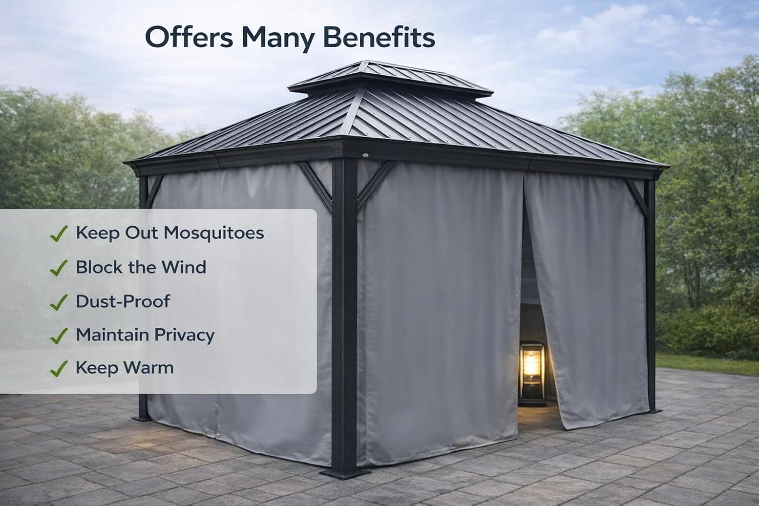 Kozyard 10' x 12'Outdoor Gazebo Privacy Curtain Sidewall, Waterproof Patio Privacy Curtain with Center-Zip Design, Replacement for Hardtop Gazebo Gray