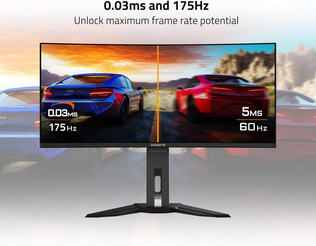 GIGABYTE MO34WQC - 34' QD-OLED Curved Gaming Monitor - WQHD 3440x1440 - Curved - 175Hz - 0.03ms GTG - AMD FreeSync Premium Pro - Type C KVM - HDMI, DP, Type C - Height Adjustable - Black (MO34WQC SA)