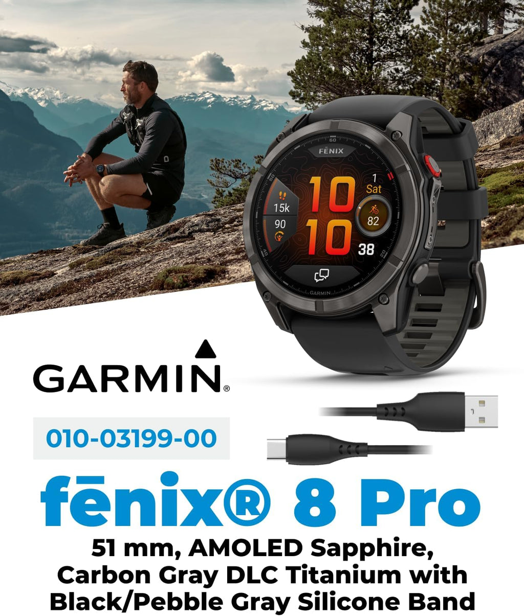 Garmin Fenix 8 Pro 51mm AMOLED Sapphire Premium Connected Multisport GPS Smartwatch, inReach Technology, Carbon Gray DLC Titanium w/Black Silicone Band with Black Earbuds Bundle