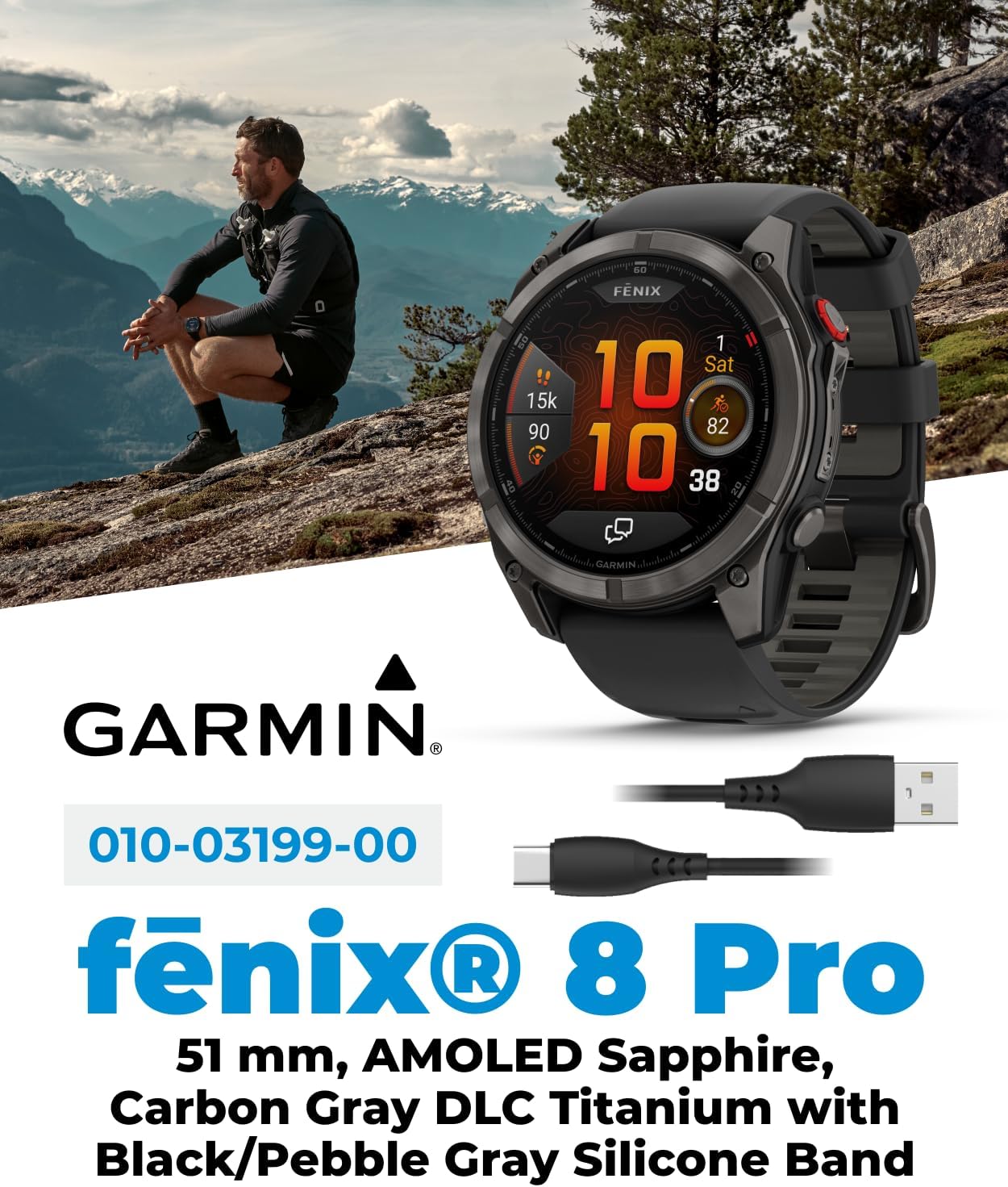 Garmin Fenix 8 Pro 51mm AMOLED Sapphire Premium Connected Multisport GPS Smartwatch, inReach Technology, Carbon Gray DLC Titanium w/Black Silicone Band with Black Earbuds Bundle