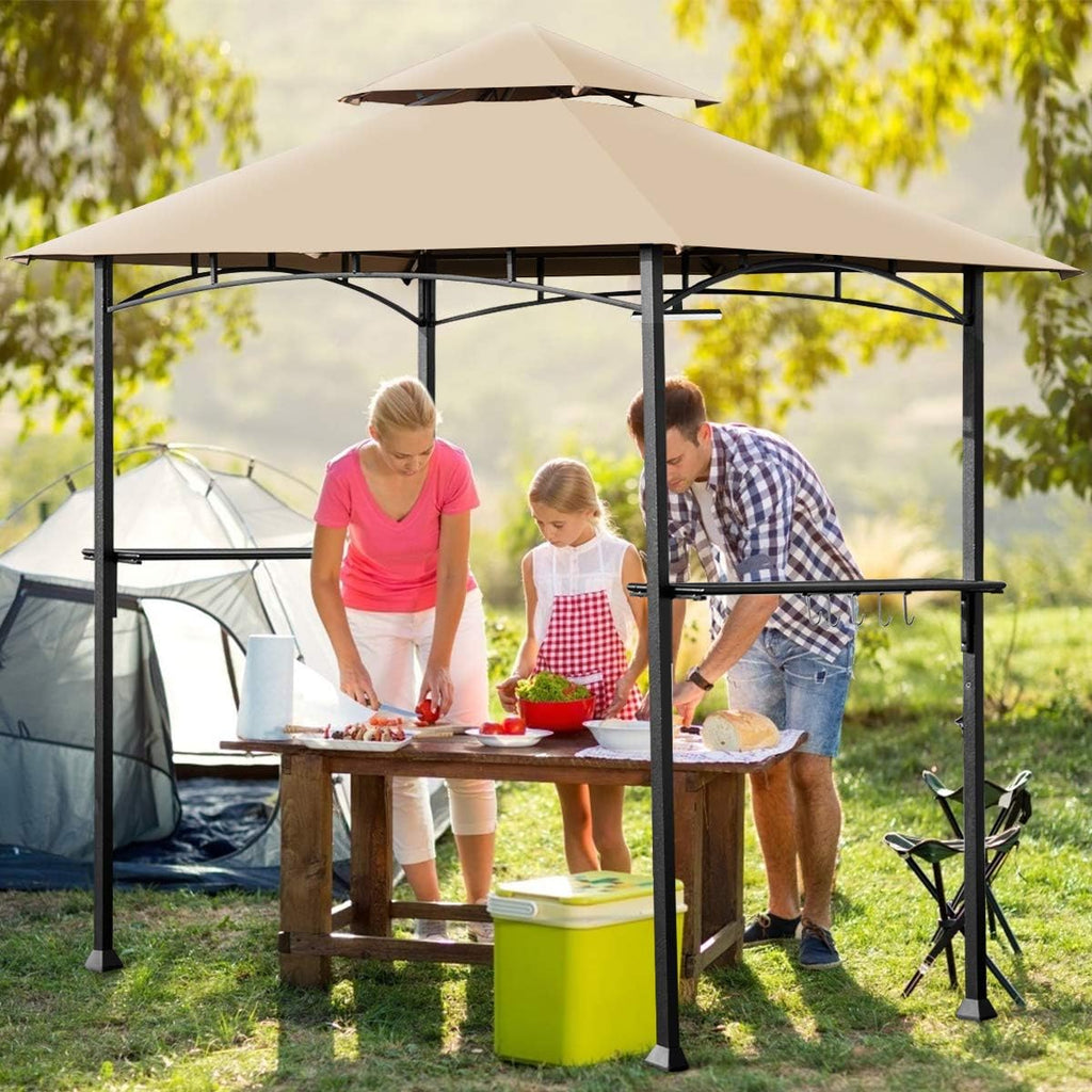 Tangkula 8' x 5' Grill Gazebo, Outdoor Patio Barbecue Gazebo Shelter with LED Lights, 2-Tier Canopy Top Cover Grill Gazebo with Sturdy Steel Frame, Ideal for Gatherings, Parties (Khaki)