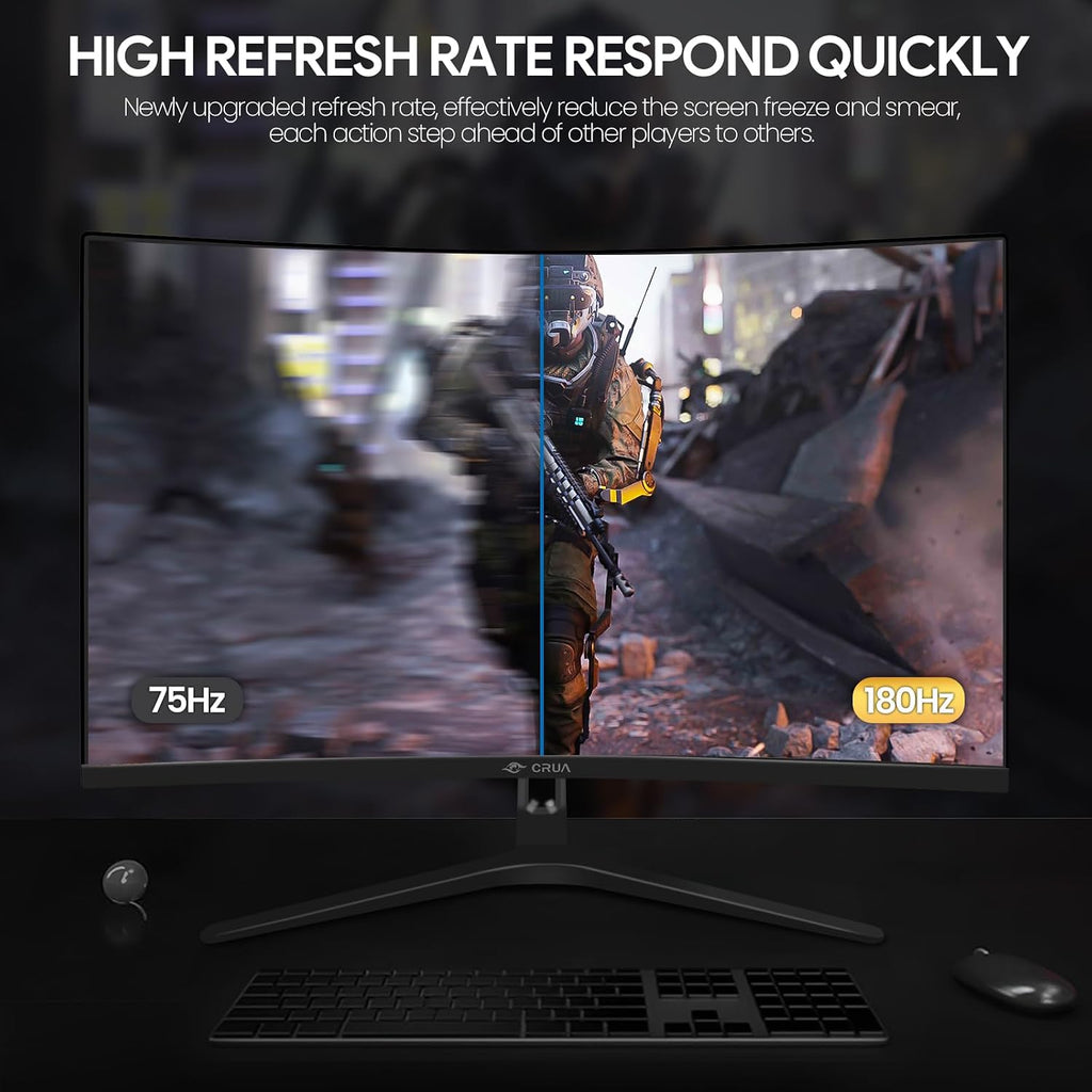 CRUA 27' Curved Gaming Monitor, FHD 1920x1080P, 144Hz/180Hz Computer Monitor, 1800R VA Screen, 120% sRGB, AMD FreeSync, HDMI & DP, Wall Mount Install- Black