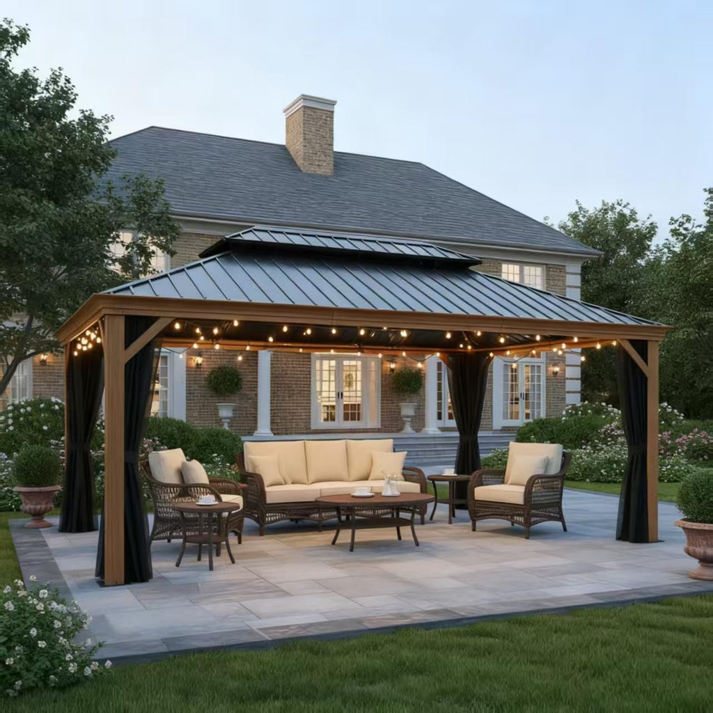 PURPLE LEAF 12' X 16' Outdoor Hardtop Gazebo for Patio Galvanized Steel Double Roof Permanent Canopy Aluminum Frame Pavilion Gazebo with Netting and Lights