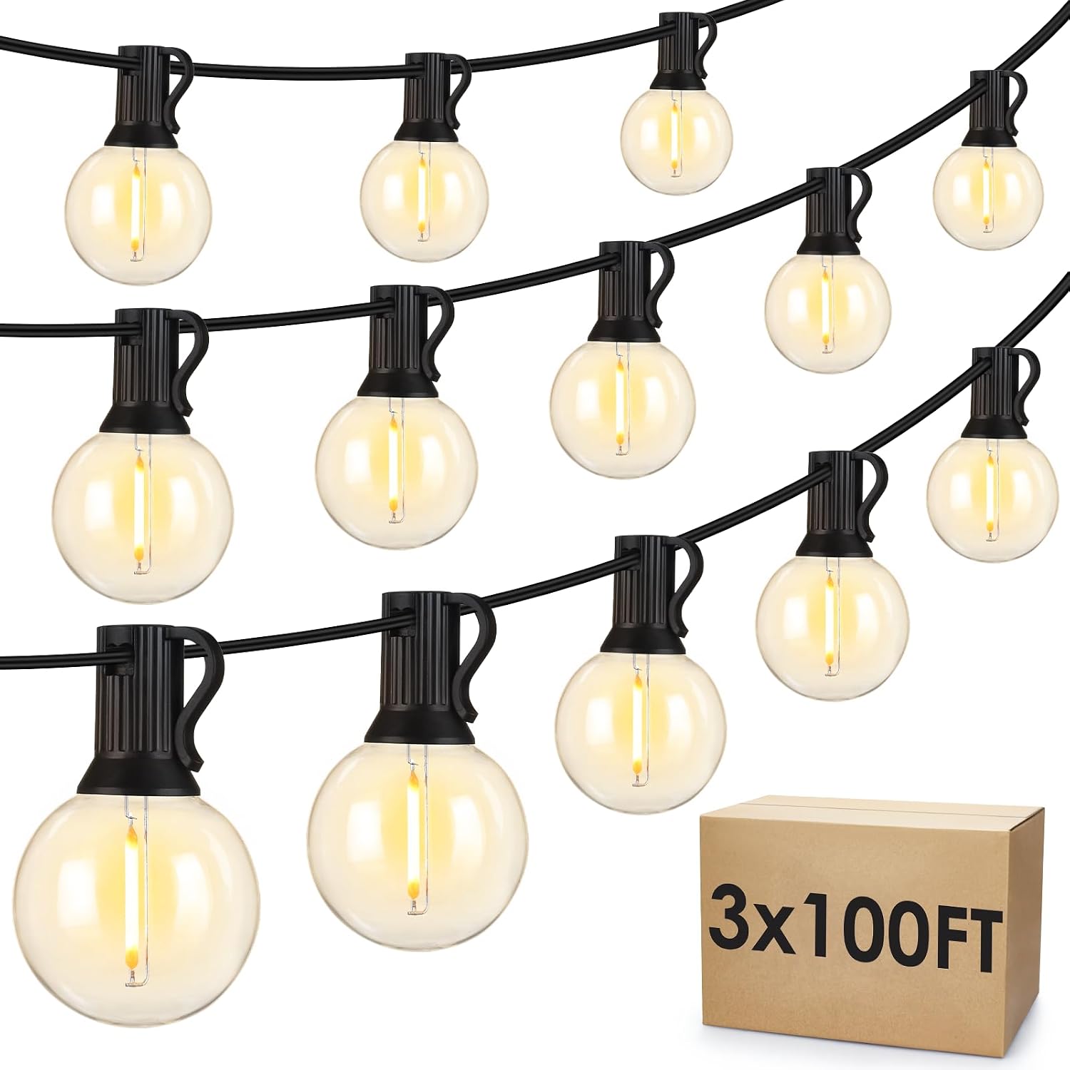 Mlambert 300Ft(3x100Ft) LED Outdoor String Lights Dimmable Waterproof G40 Globe Patio Lights with 150+7 Warm White Bulbs for Backyard Cafe-Black Cord