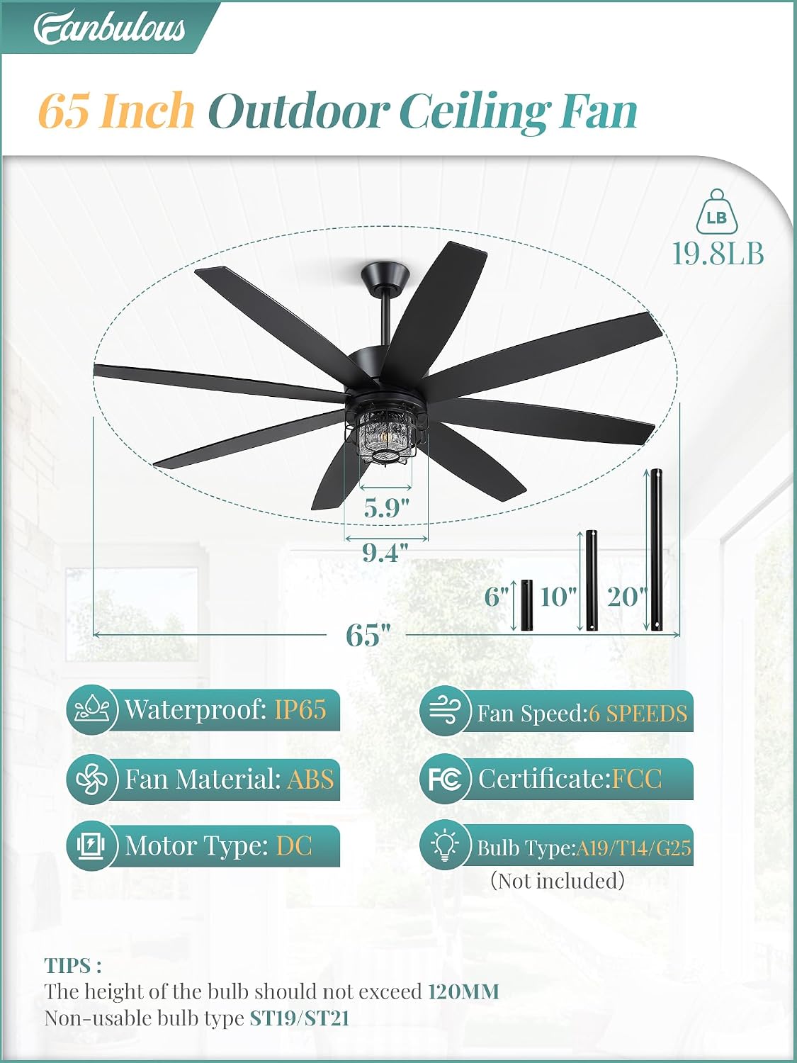 Fanbulous 65' Outdoor Ceiling Fans with Lights and Remote Control, IP65 Wet Rated Waterproof Ceiling Fan with 6-Speed DC Motor, Farmhouse Gazebo Fan for Porch Patios Pavilion（Black）