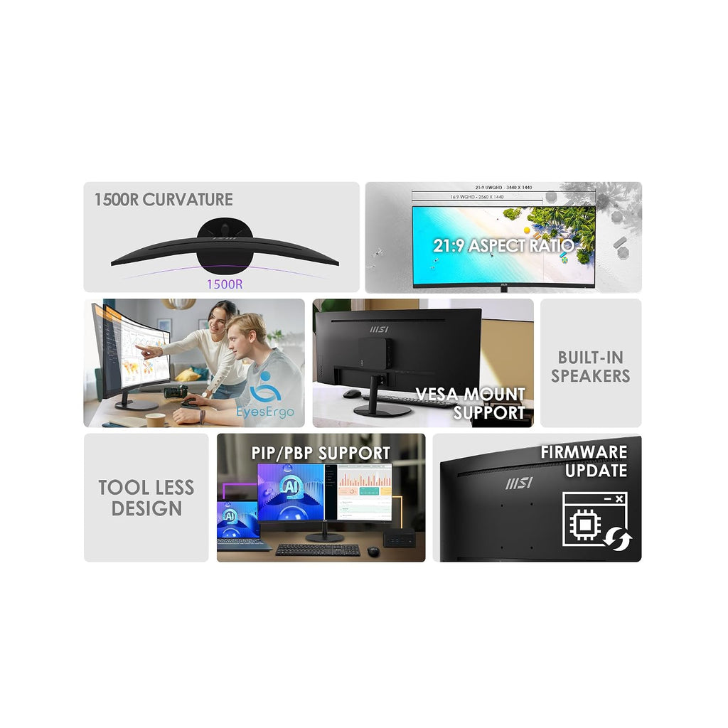 msi PRO MP341CQ E12 34-inch VA 3440 x 1440(UWQHD) Computer Monitor, 120Hz, Adaptive-Sync, HDMI, DisplayPort, VESA Mountable, Speaker, 1ms, Black