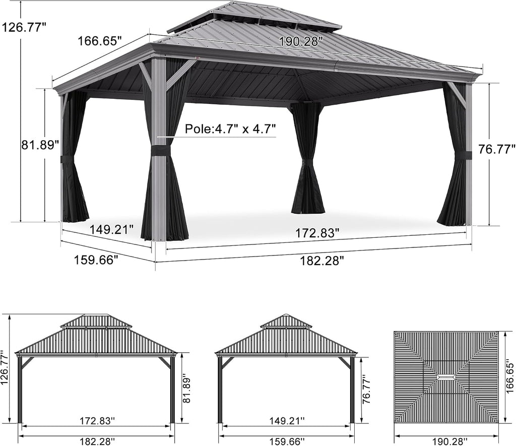 PURPLE LEAF 14' x 16' Hardtop Aluminum Gazebo with Double Metal Roof Heavy Duty Permanent Gazebo for Patio Deck Lawn Garden All Weather Outdoor Pavilion Gazebos, Light Grey