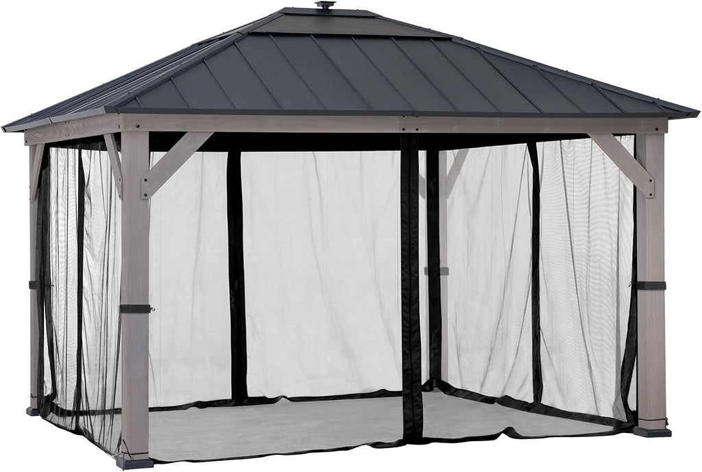 Sunjoy Mosquito Netting for 11 ft. ×13 ft. Wood-Framed Gazebos, Outdoor 4-Panel Sidewall Mesh Netting Screen with Zipper, Black