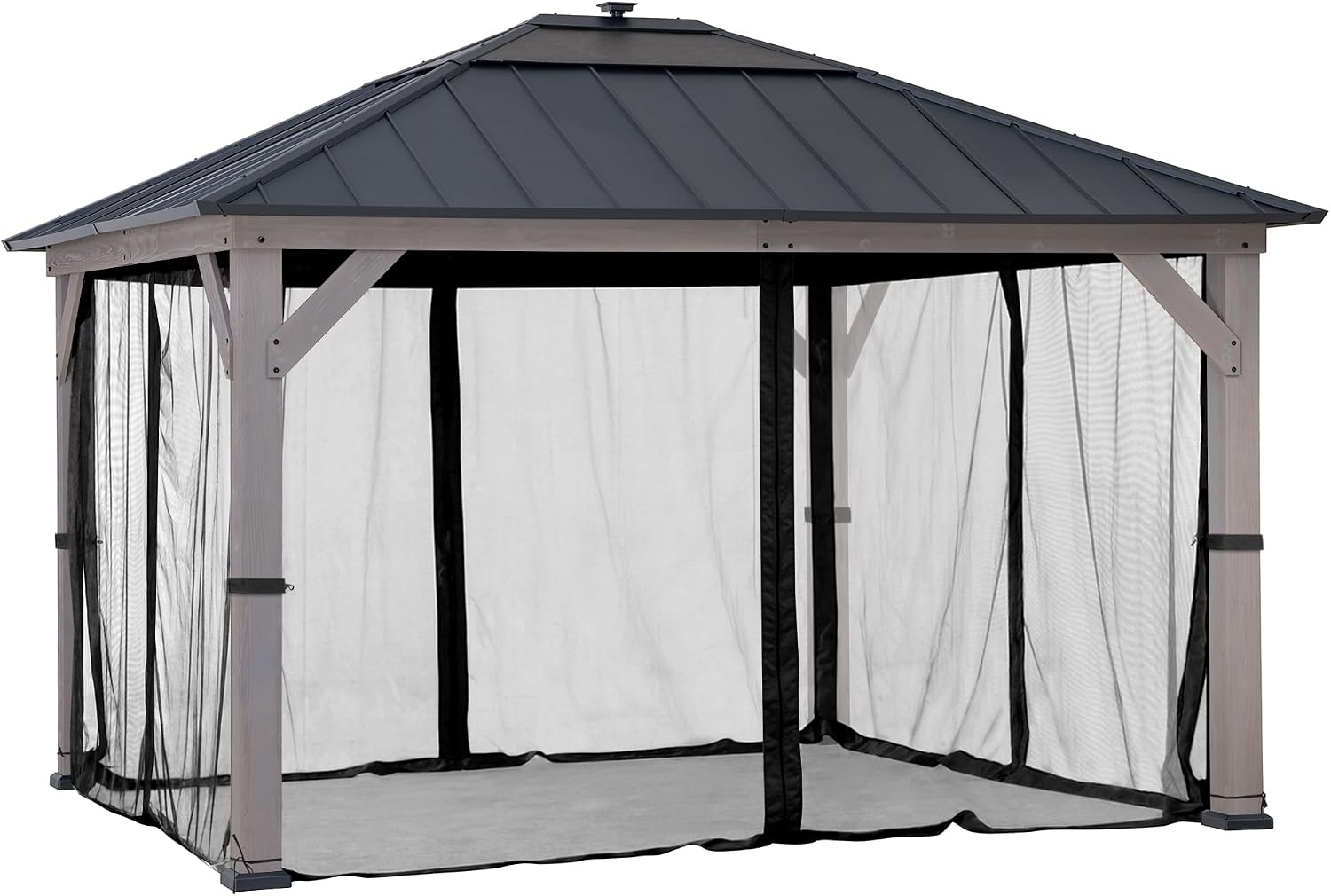 Sunjoy Mosquito Netting for 11 ft. ×13 ft. Wood-Framed Gazebos, Outdoor 4-Panel Sidewall Mesh Netting Screen with Zipper, Black