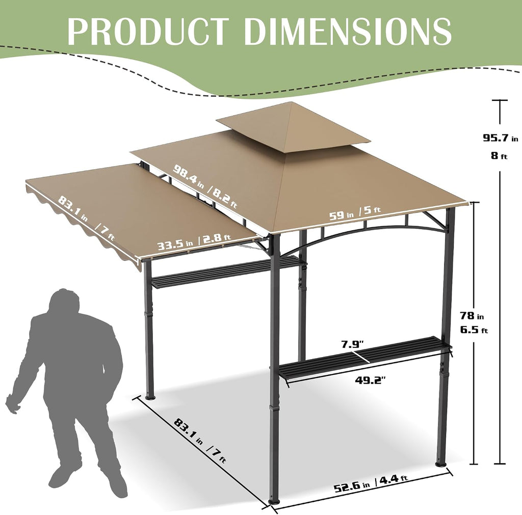 8'X 8' Grill Gazebo with Extra Side Awning, Double Tiered BBQ Gazebos Heavy-Duty Steel Frame Awning W/2 Side Shelf 7 Hook, Outdoor Pergola Awning Tent for Patio Deck Backyard BBQ Party (Khaki)